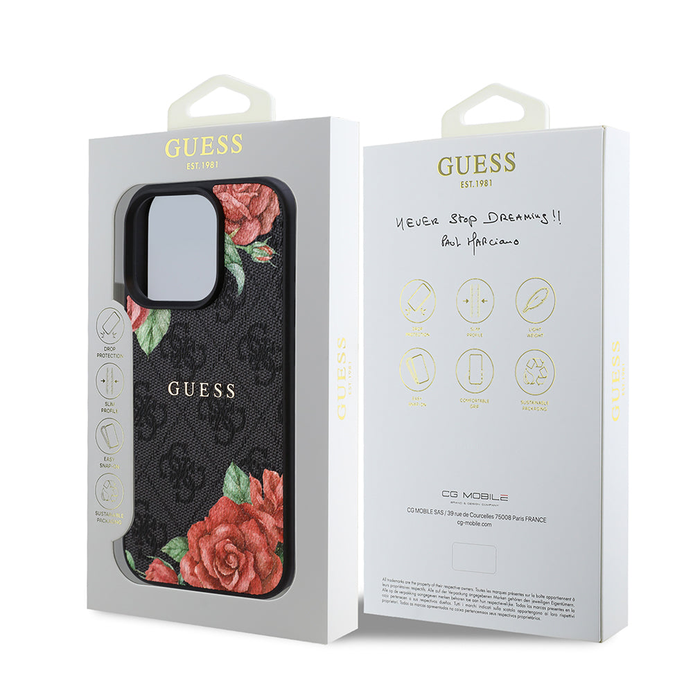 iPhone 15 Pro Kılıf Guess Orijinal Lisanslı M-safe Şarj Özellikli Gül Baskılı 4G Desenli Yazı Logolu Kılıf