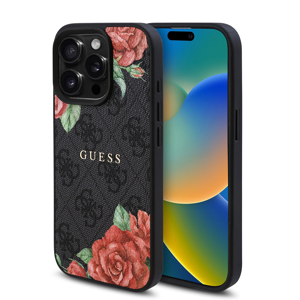 iPhone 15 Pro Kılıf Guess Orijinal Lisanslı M-safe Şarj Özellikli Gül Baskılı 4G Desenli Yazı Logolu Kılıf