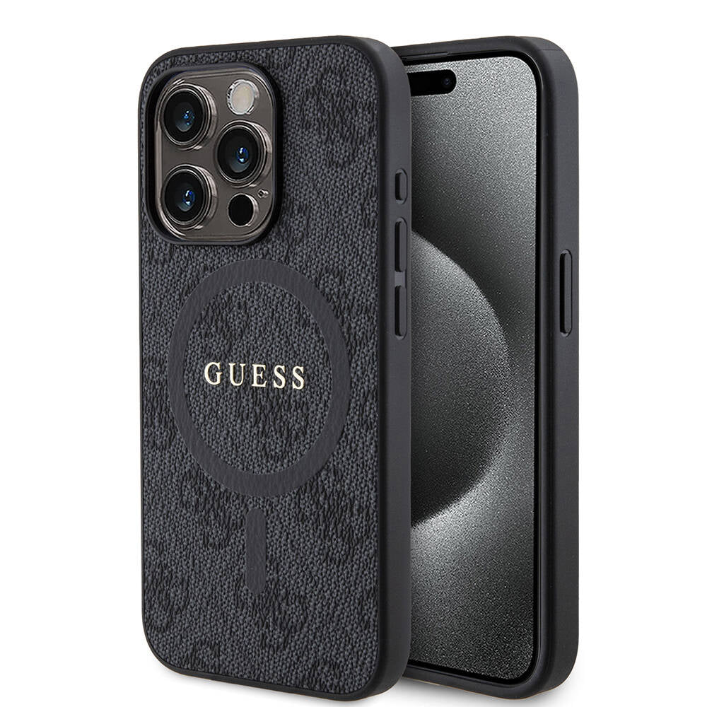 iPhone 15 Pro Kılıf Guess Orijinal Lisanslı M-safe Şarj Özellikli PU Halkalı 4G Desenli Yazı Logolu Kılıf