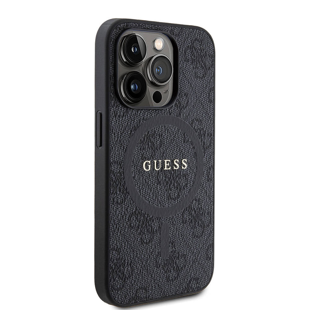iPhone 15 Pro Kılıf Guess Orijinal Lisanslı M-safe Şarj Özellikli PU Halkalı 4G Desenli Yazı Logolu Kılıf