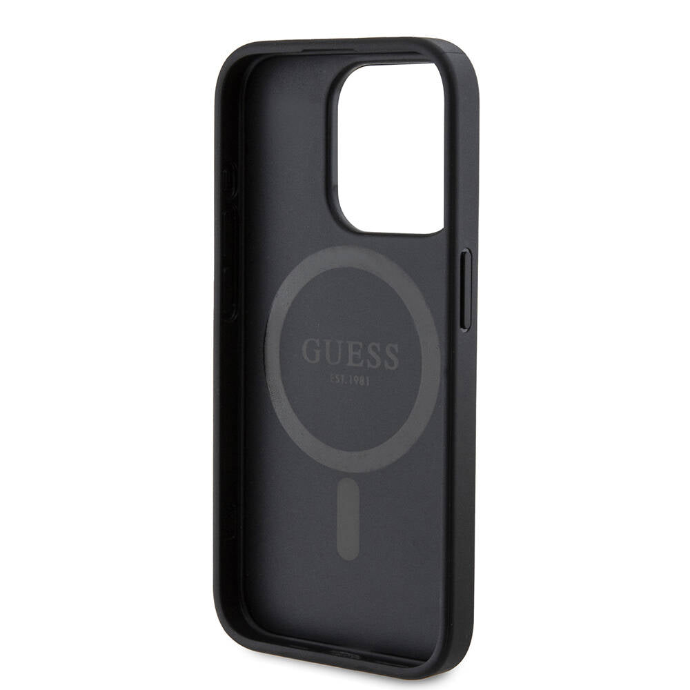 iPhone 15 Pro Kılıf Guess Orijinal Lisanslı M-safe Şarj Özellikli PU Halkalı 4G Desenli Yazı Logolu Kılıf