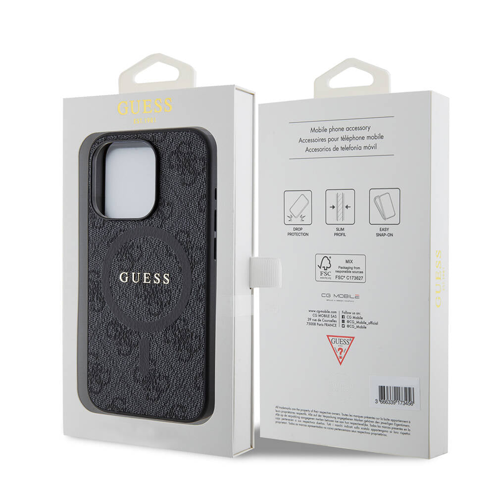 iPhone 15 Pro Kılıf Guess Orijinal Lisanslı M-safe Şarj Özellikli PU Halkalı 4G Desenli Yazı Logolu Kılıf