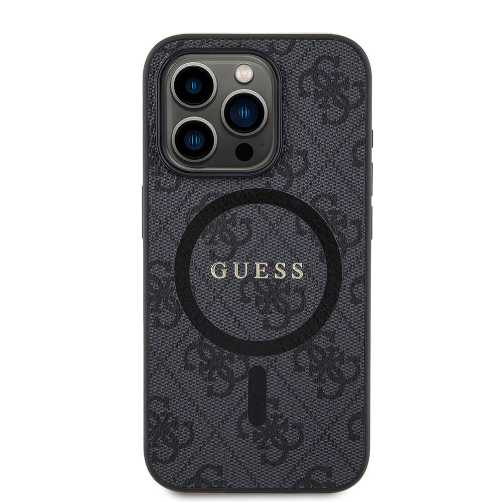 iPhone 15 Pro Kılıf Guess Orijinal Lisanslı M-safe Şarj Özellikli PU Halkalı 4G Desenli Yazı Logolu Kılıf