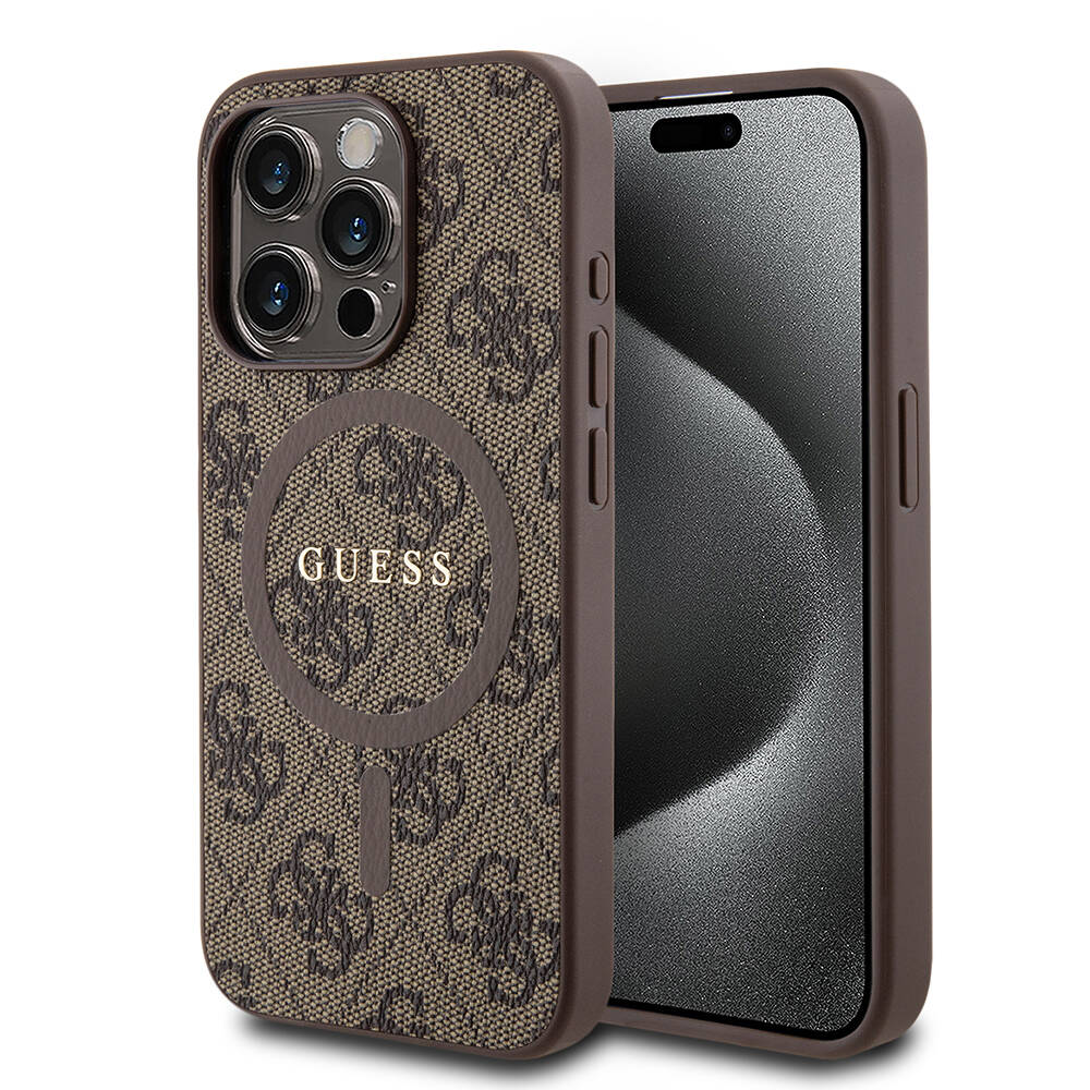 iPhone 15 Pro Kılıf Guess Orijinal Lisanslı M-safe Şarj Özellikli PU Halkalı 4G Desenli Yazı Logolu Kılıf