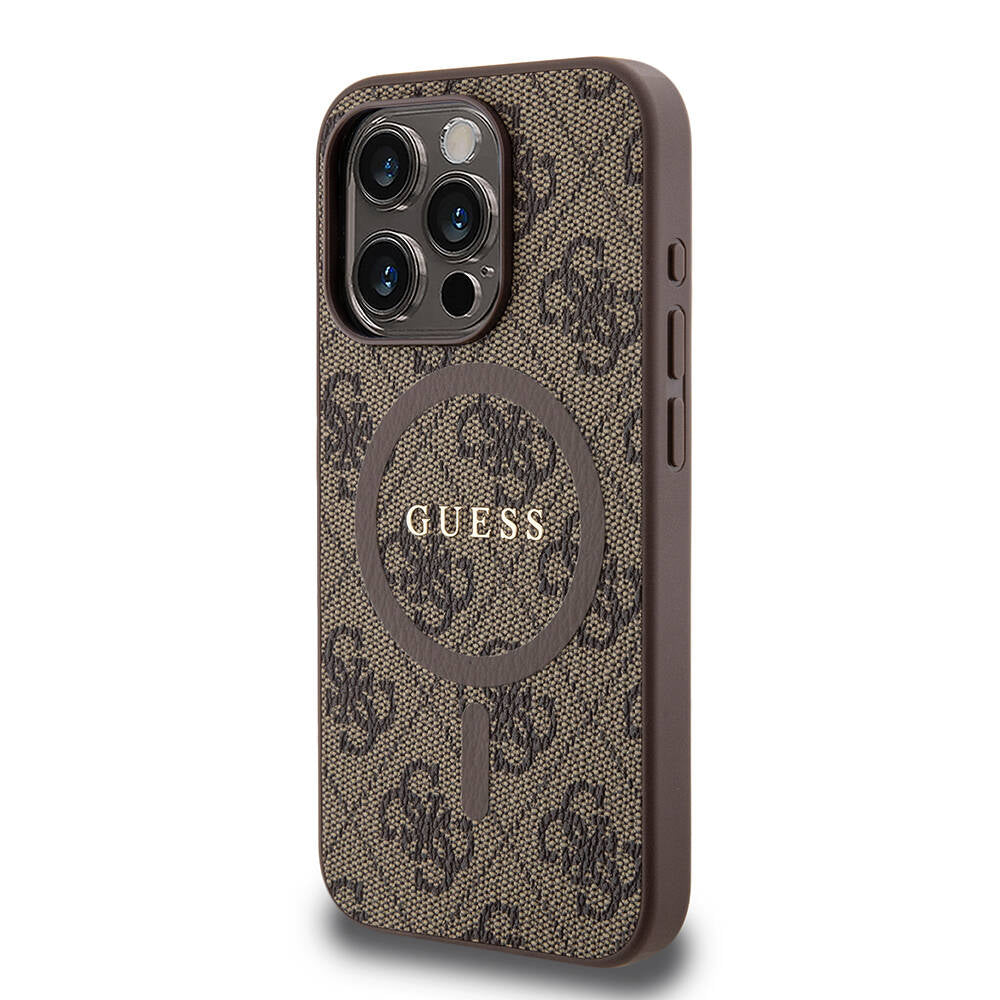 iPhone 15 Pro Kılıf Guess Orijinal Lisanslı M-safe Şarj Özellikli PU Halkalı 4G Desenli Yazı Logolu Kılıf