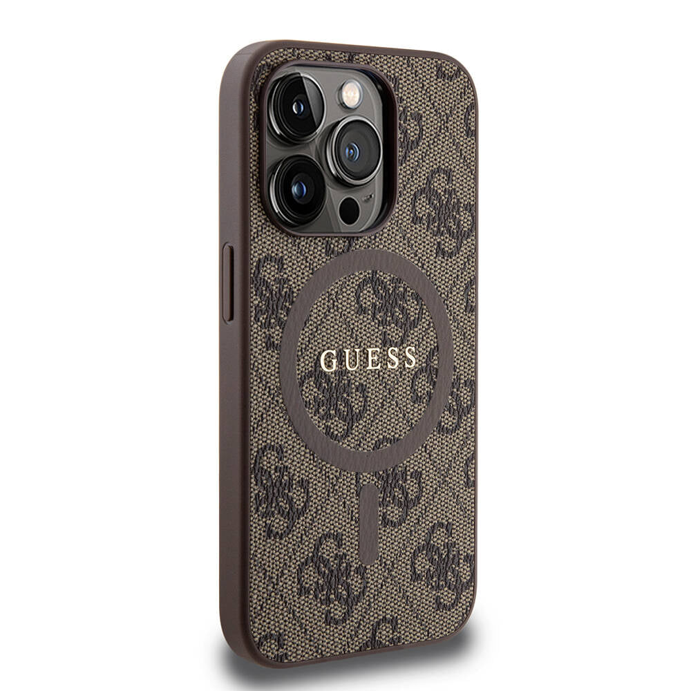 iPhone 15 Pro Kılıf Guess Orijinal Lisanslı M-safe Şarj Özellikli PU Halkalı 4G Desenli Yazı Logolu Kılıf