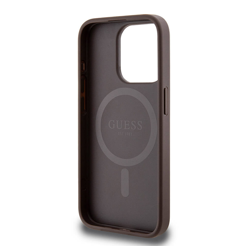 iPhone 15 Pro Kılıf Guess Orijinal Lisanslı M-safe Şarj Özellikli PU Halkalı 4G Desenli Yazı Logolu Kılıf