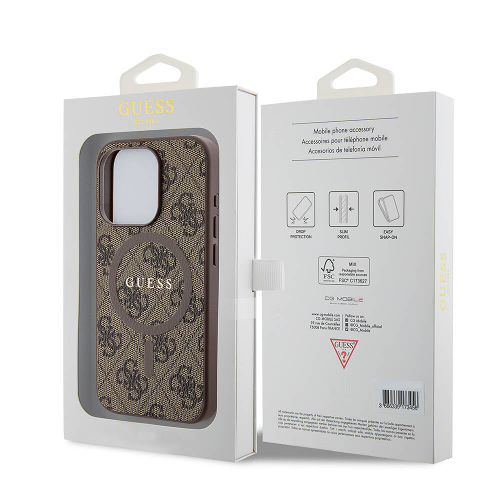 iPhone 15 Pro Kılıf Guess Orijinal Lisanslı M-safe Şarj Özellikli PU Halkalı 4G Desenli Yazı Logolu Kılıf