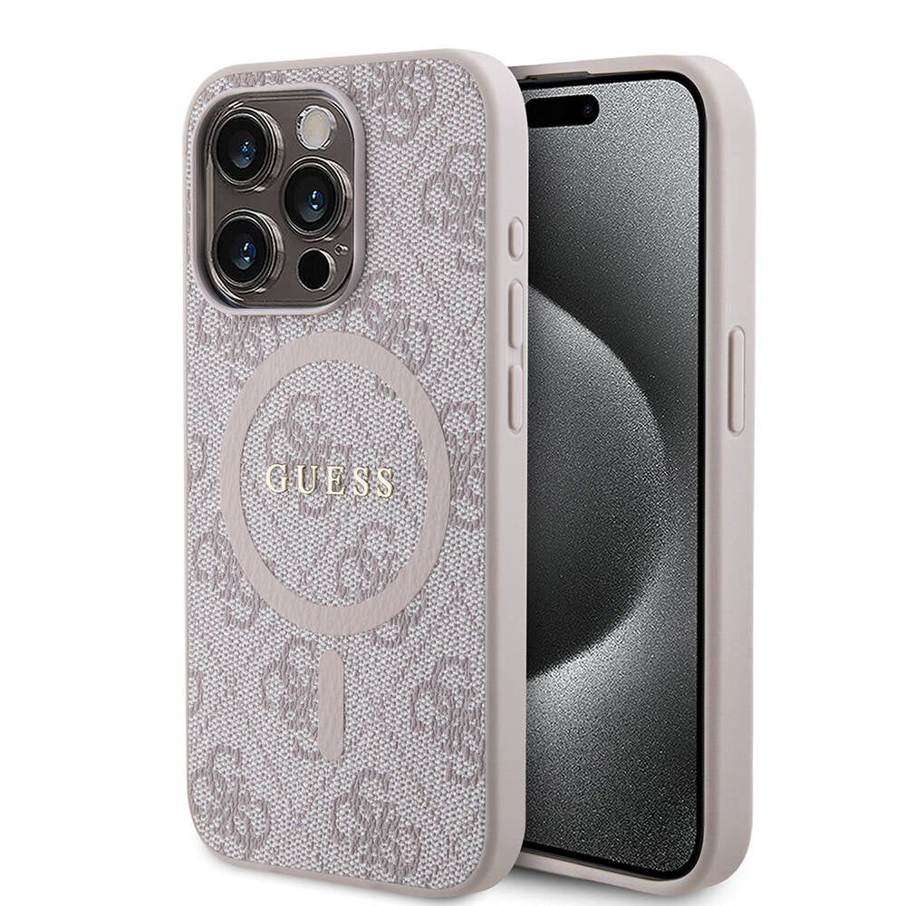 iPhone 15 Pro Kılıf Guess Orijinal Lisanslı M-safe Şarj Özellikli PU Halkalı 4G Desenli Yazı Logolu Kılıf