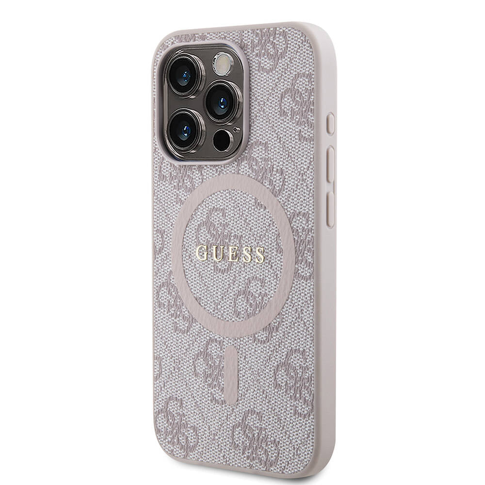 iPhone 15 Pro Kılıf Guess Orijinal Lisanslı M-safe Şarj Özellikli PU Halkalı 4G Desenli Yazı Logolu Kılıf
