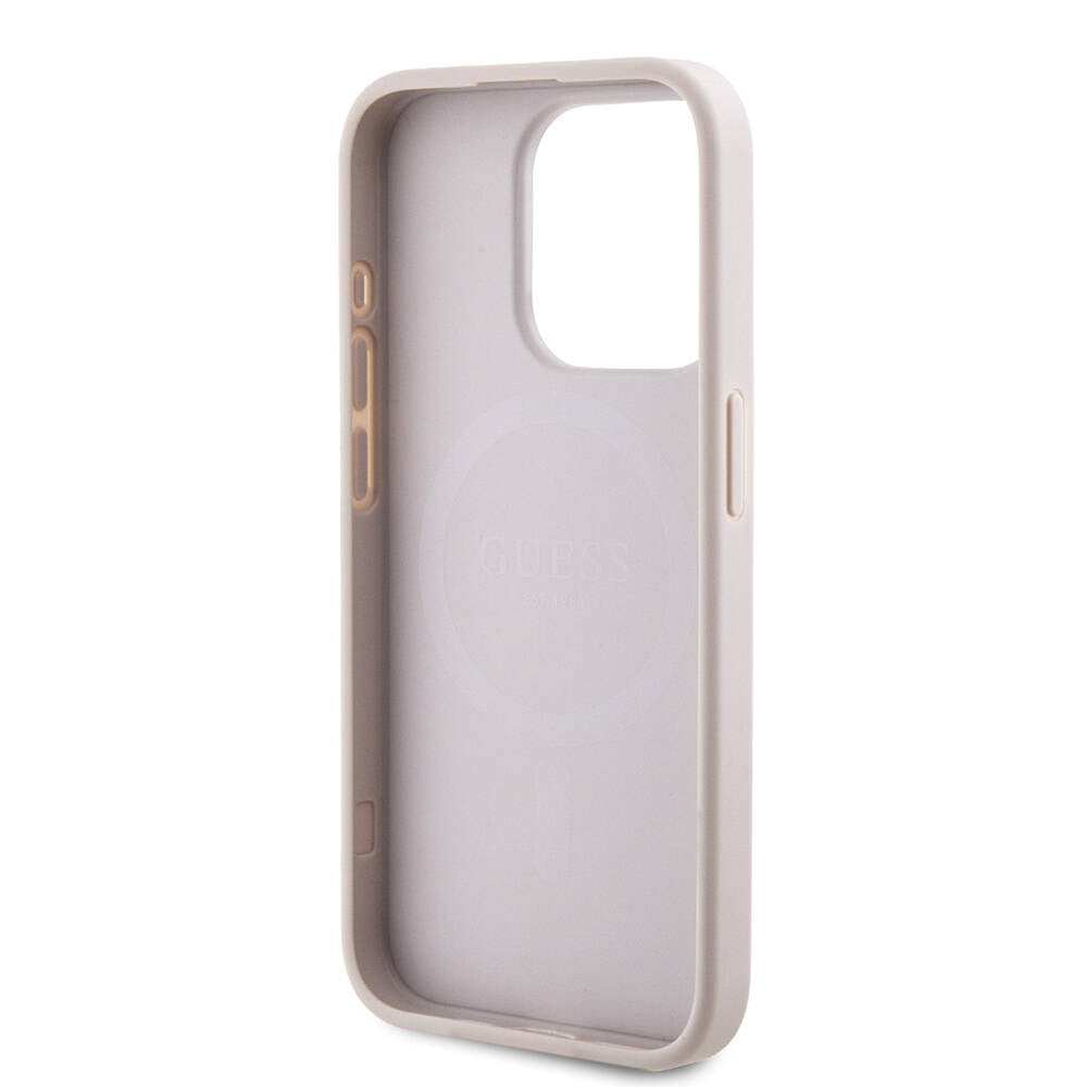 iPhone 15 Pro Kılıf Guess Orijinal Lisanslı M-safe Şarj Özellikli PU Halkalı 4G Desenli Yazı Logolu Kılıf