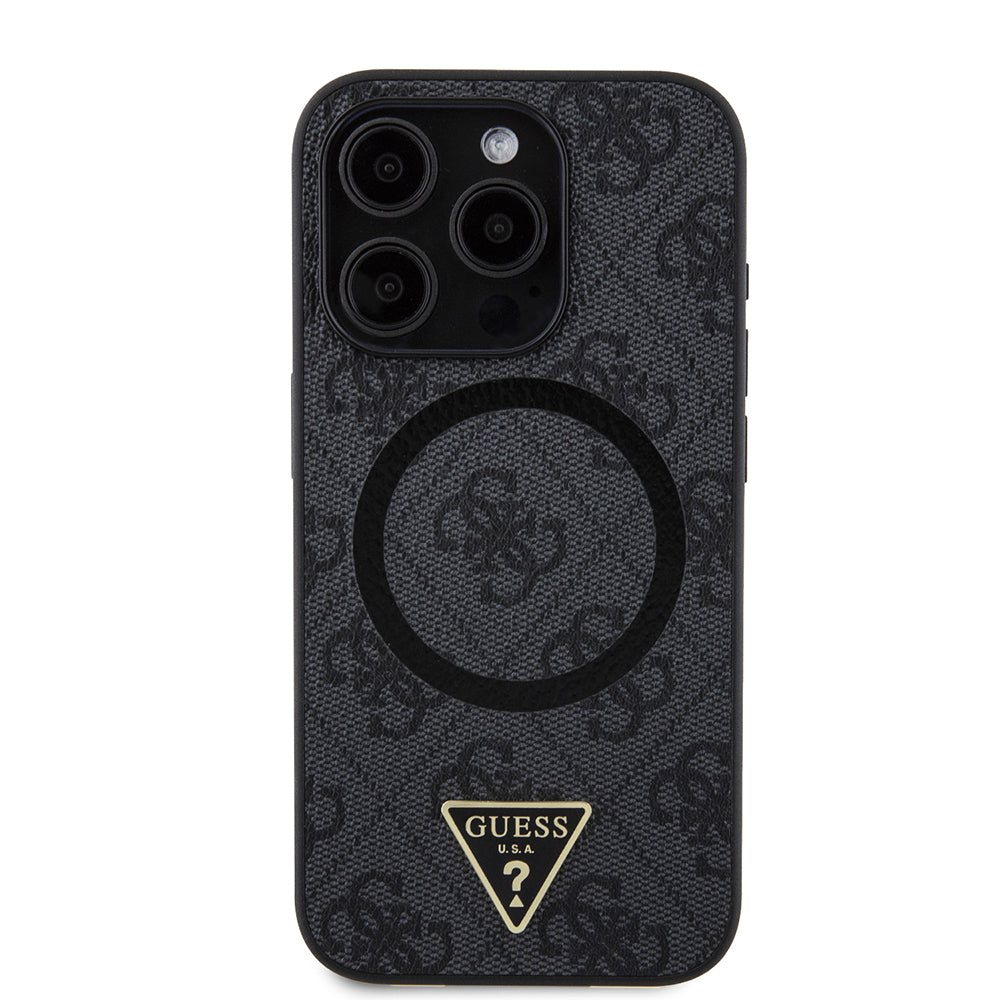 iPhone 15 Pro Kılıf Guess Orijinal Lisanslı M-safe Şarj Özellikli PU Üçgen Logo 4G Desenli Kılıf