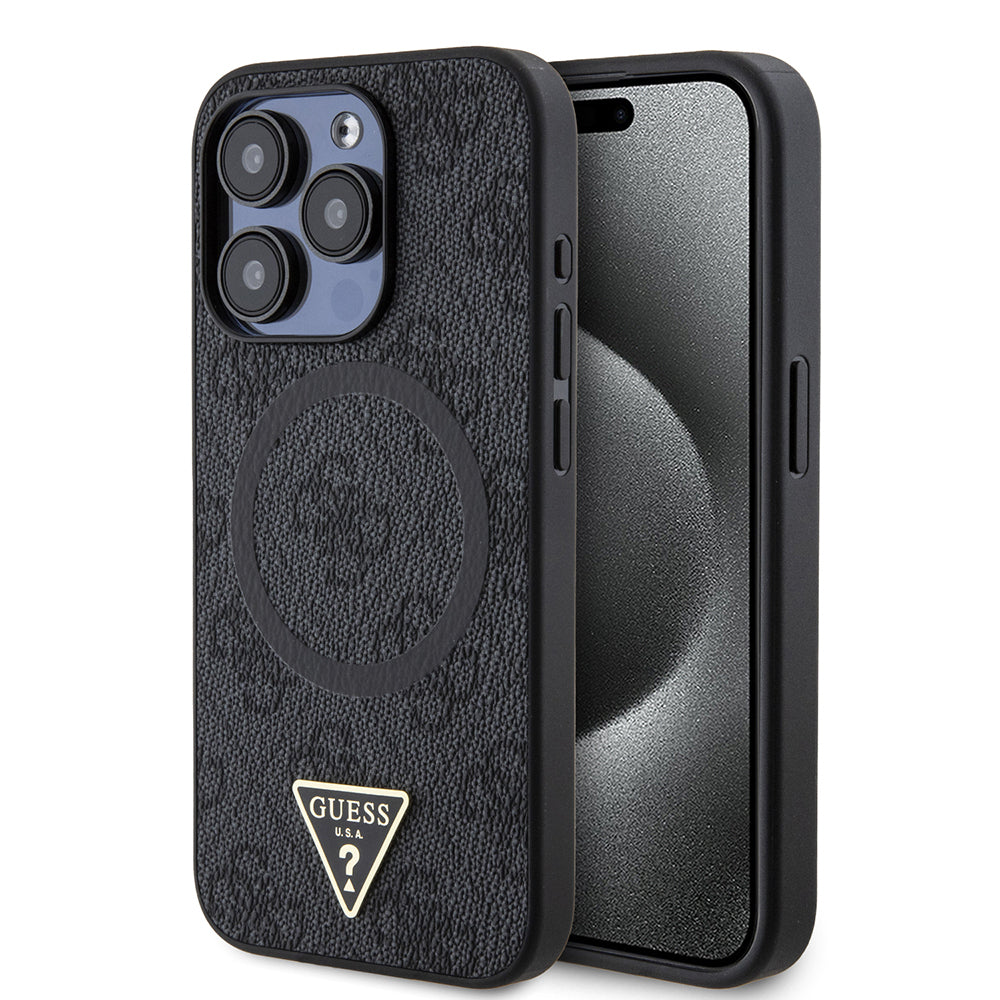iPhone 15 Pro Kılıf Guess Orijinal Lisanslı M-safe Şarj Özellikli PU Üçgen Logo 4G Desenli Kılıf