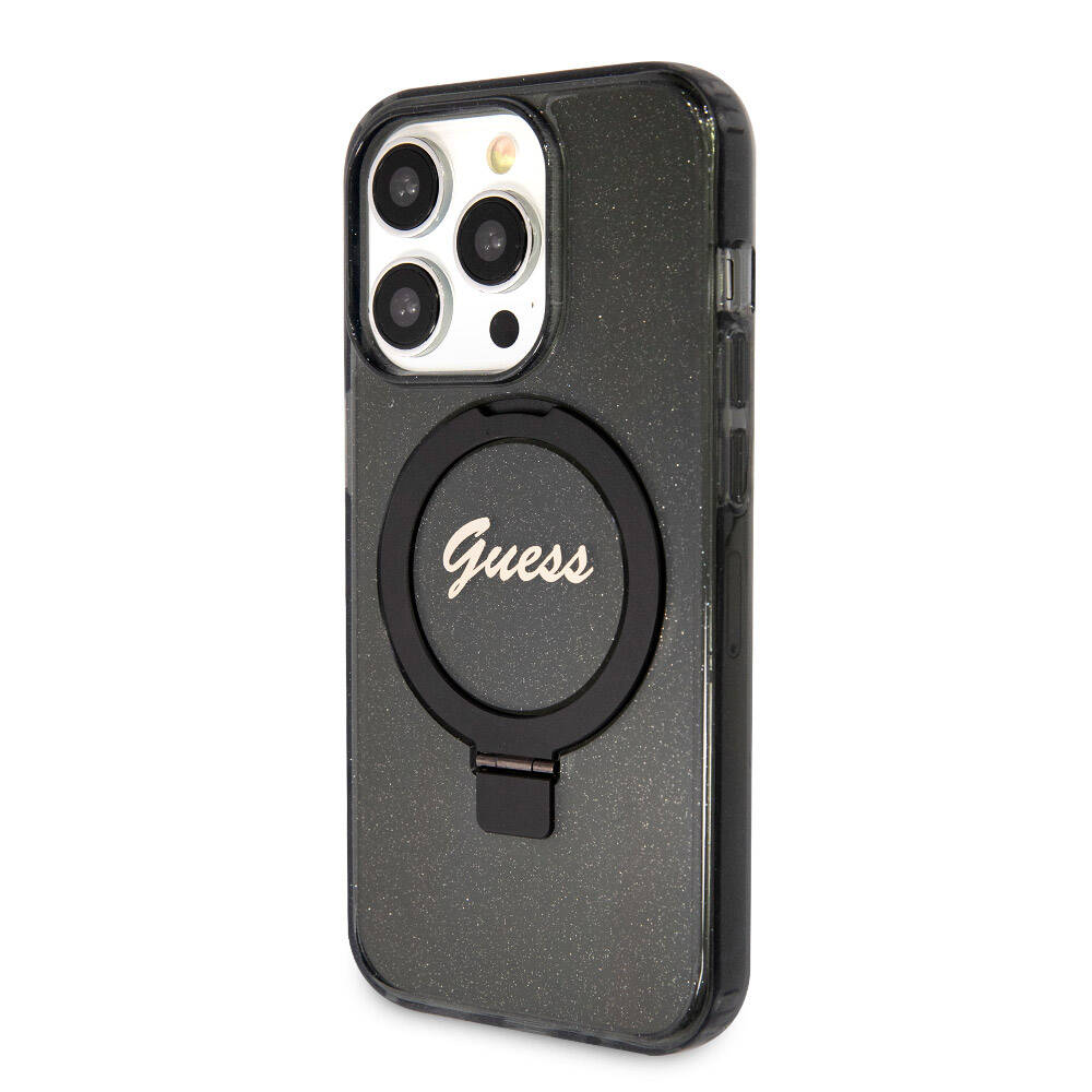 iPhone 15 Pro Kılıf Guess Orijinal Lisanslı M-safe Şarj Özellikli Simli Arka Yüzey Ring Standlı Kılıf