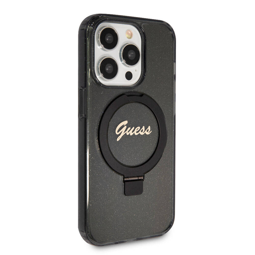 iPhone 15 Pro Kılıf Guess Orijinal Lisanslı M-safe Şarj Özellikli Simli Arka Yüzey Ring Standlı Kılıf