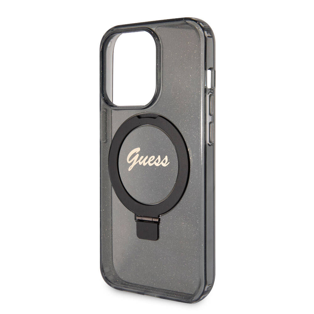 iPhone 15 Pro Kılıf Guess Orijinal Lisanslı M-safe Şarj Özellikli Simli Arka Yüzey Ring Standlı Kılıf