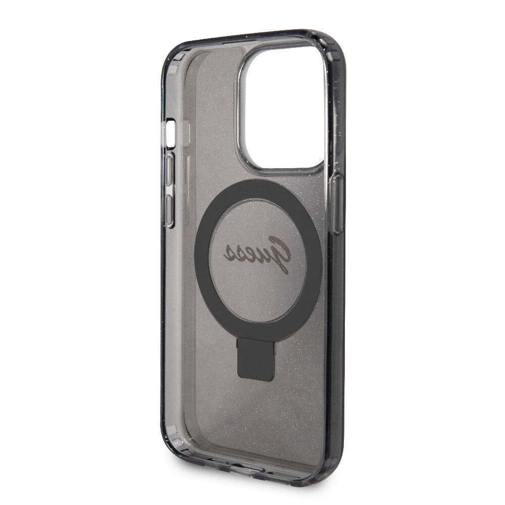 iPhone 15 Pro Kılıf Guess Orijinal Lisanslı M-safe Şarj Özellikli Simli Arka Yüzey Ring Standlı Kılıf
