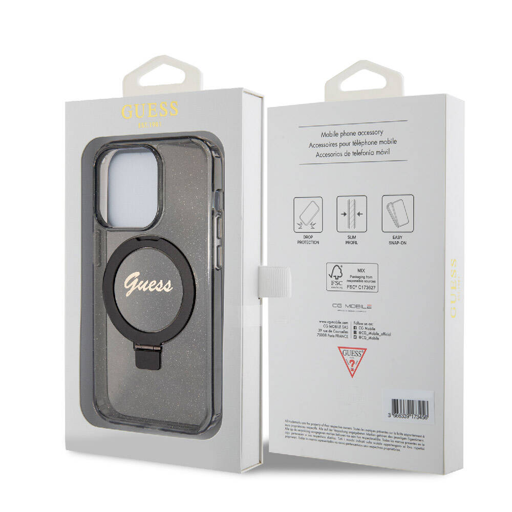 iPhone 15 Pro Kılıf Guess Orijinal Lisanslı M-safe Şarj Özellikli Simli Arka Yüzey Ring Standlı Kılıf