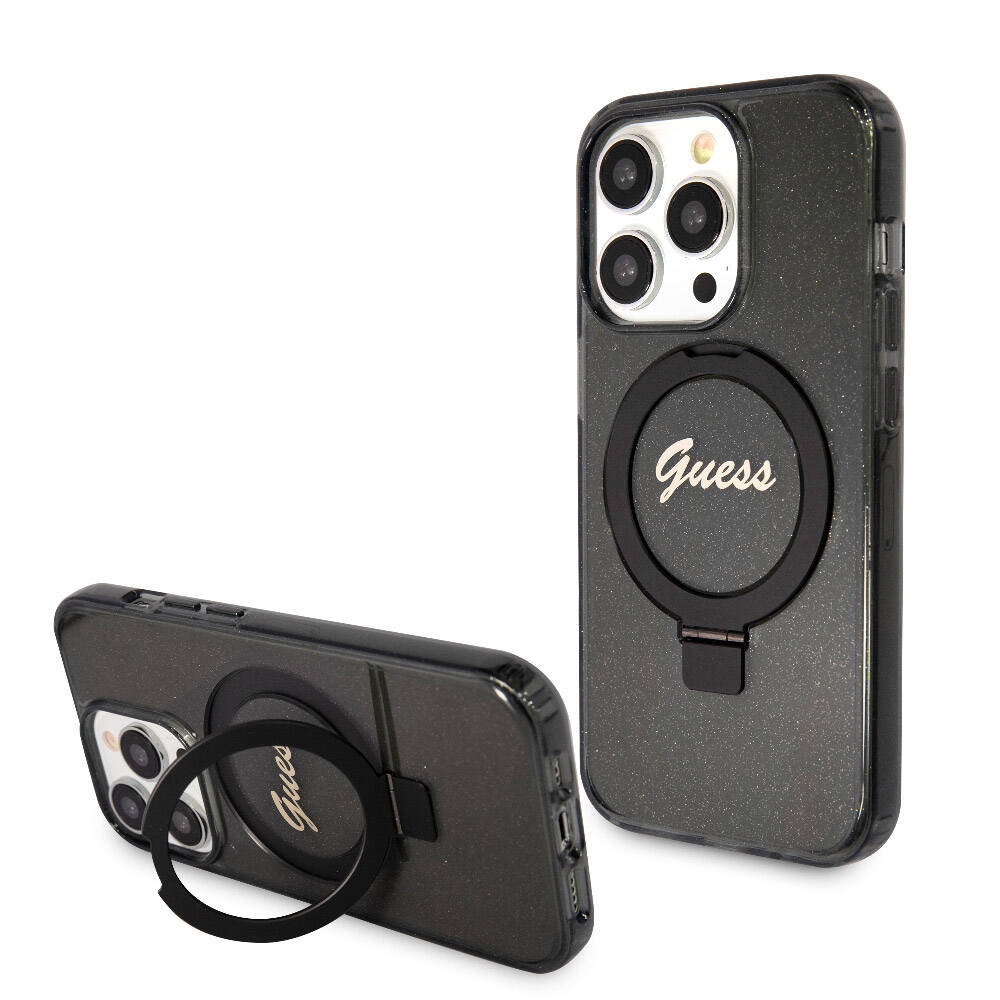 iPhone 15 Pro Kılıf Guess Orijinal Lisanslı M-safe Şarj Özellikli Simli Arka Yüzey Ring Standlı Kılıf