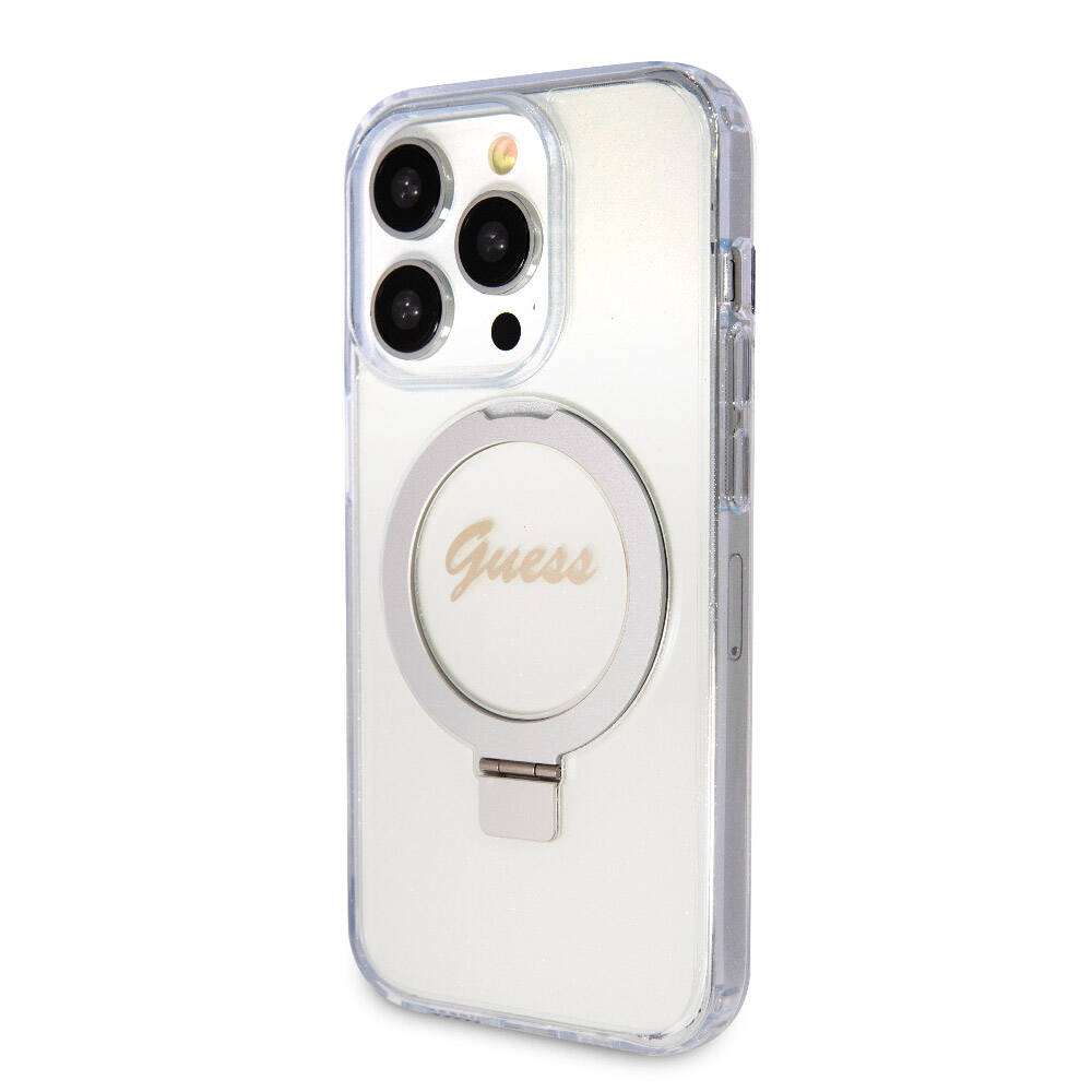 iPhone 15 Pro Kılıf Guess Orijinal Lisanslı M-safe Şarj Özellikli Simli Arka Yüzey Ring Standlı Kılıf