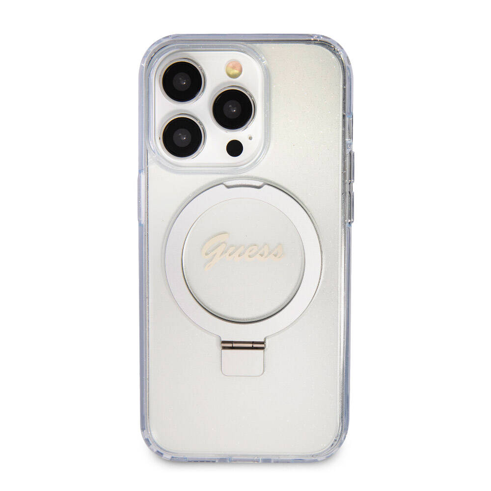iPhone 15 Pro Kılıf Guess Orijinal Lisanslı M-safe Şarj Özellikli Simli Arka Yüzey Ring Standlı Kılıf