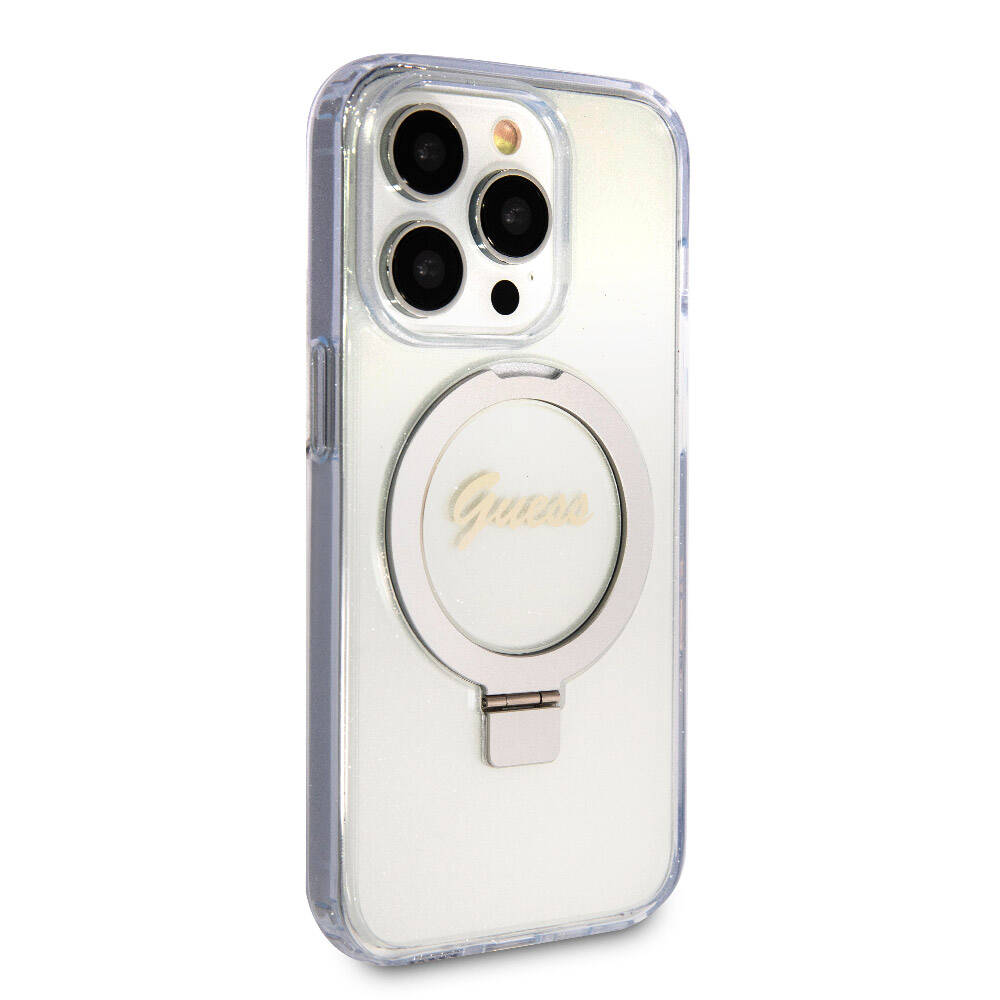 iPhone 15 Pro Kılıf Guess Orijinal Lisanslı M-safe Şarj Özellikli Simli Arka Yüzey Ring Standlı Kılıf
