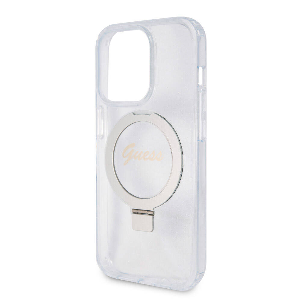 iPhone 15 Pro Kılıf Guess Orijinal Lisanslı M-safe Şarj Özellikli Simli Arka Yüzey Ring Standlı Kılıf