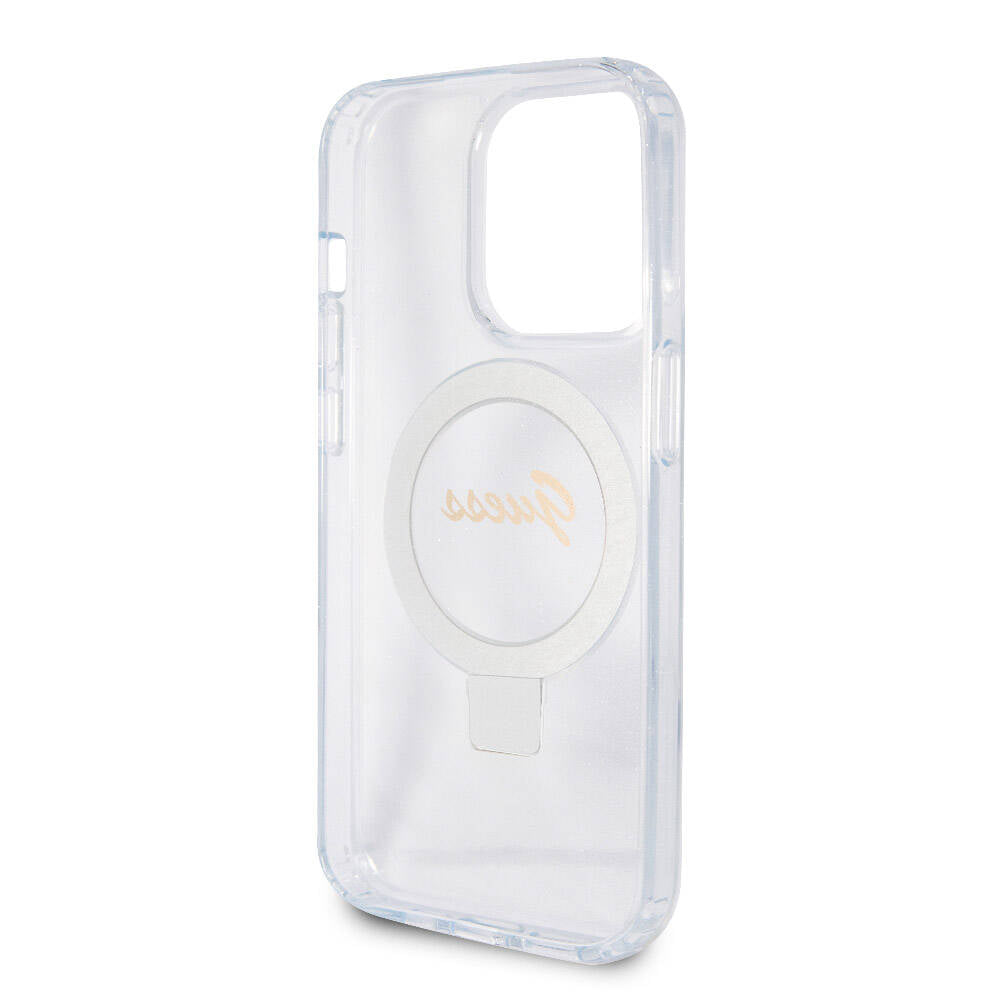 iPhone 15 Pro Kılıf Guess Orijinal Lisanslı M-safe Şarj Özellikli Simli Arka Yüzey Ring Standlı Kılıf