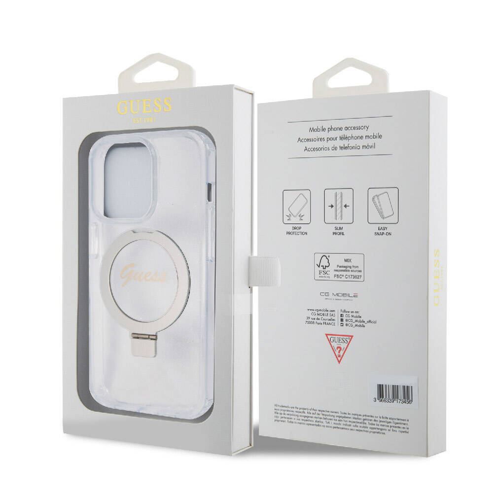 iPhone 15 Pro Kılıf Guess Orijinal Lisanslı M-safe Şarj Özellikli Simli Arka Yüzey Ring Standlı Kılıf