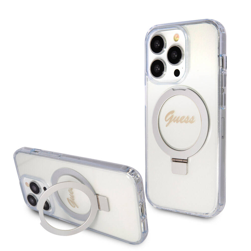 iPhone 15 Pro Kılıf Guess Orijinal Lisanslı M-safe Şarj Özellikli Simli Arka Yüzey Ring Standlı Kılıf