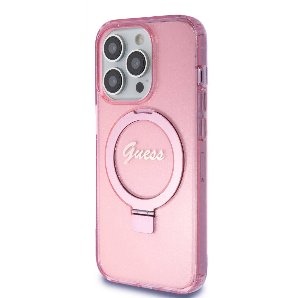 iPhone 15 Pro Kılıf Guess Orijinal Lisanslı M-safe Şarj Özellikli Simli Arka Yüzey Ring Standlı Kılıf