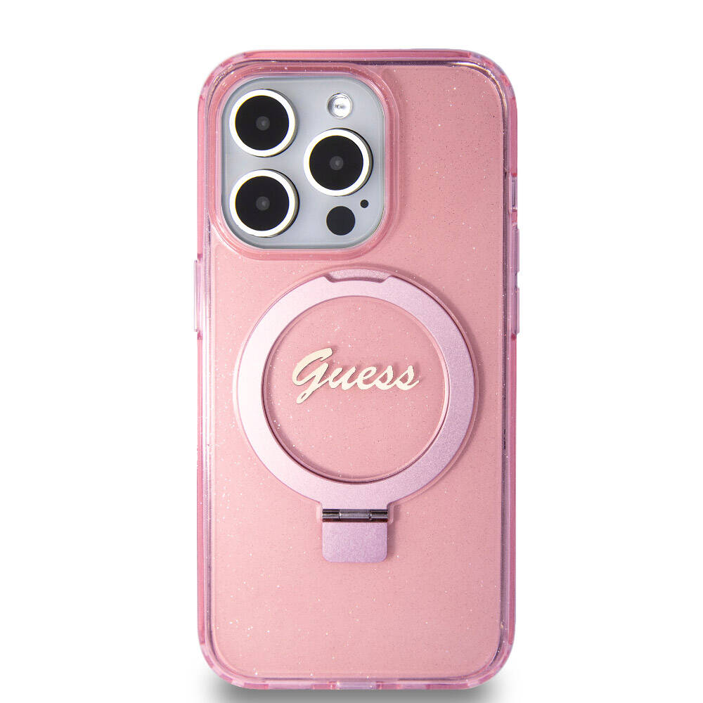 iPhone 15 Pro Kılıf Guess Orijinal Lisanslı M-safe Şarj Özellikli Simli Arka Yüzey Ring Standlı Kılıf