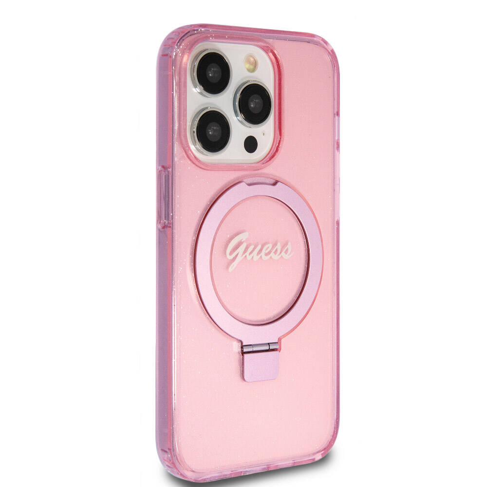iPhone 15 Pro Kılıf Guess Orijinal Lisanslı M-safe Şarj Özellikli Simli Arka Yüzey Ring Standlı Kılıf