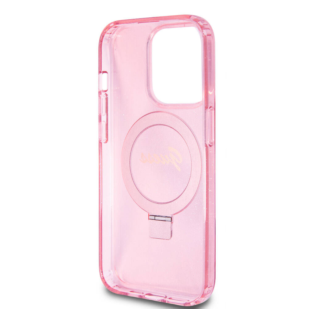 iPhone 15 Pro Kılıf Guess Orijinal Lisanslı M-safe Şarj Özellikli Simli Arka Yüzey Ring Standlı Kılıf