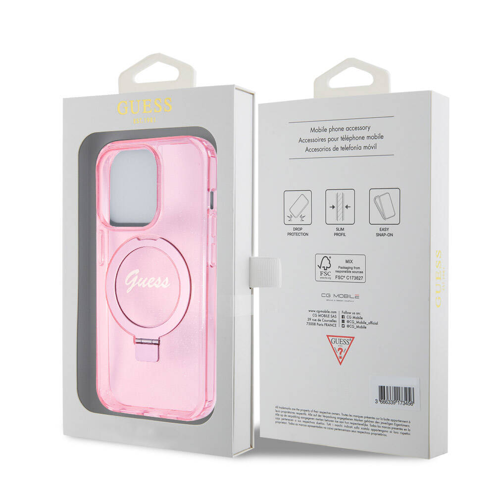 iPhone 15 Pro Kılıf Guess Orijinal Lisanslı M-safe Şarj Özellikli Simli Arka Yüzey Ring Standlı Kılıf