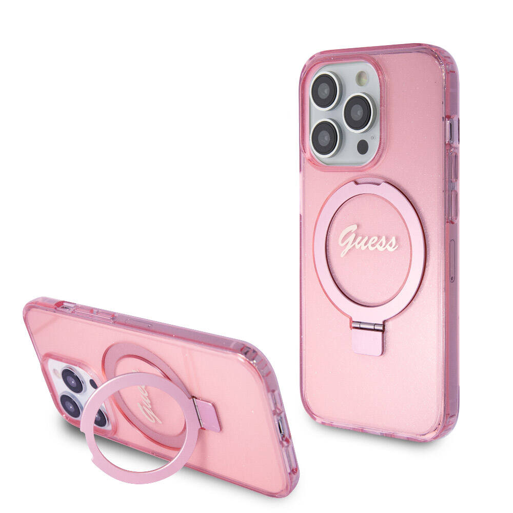 iPhone 15 Pro Kılıf Guess Orijinal Lisanslı M-safe Şarj Özellikli Simli Arka Yüzey Ring Standlı Kılıf