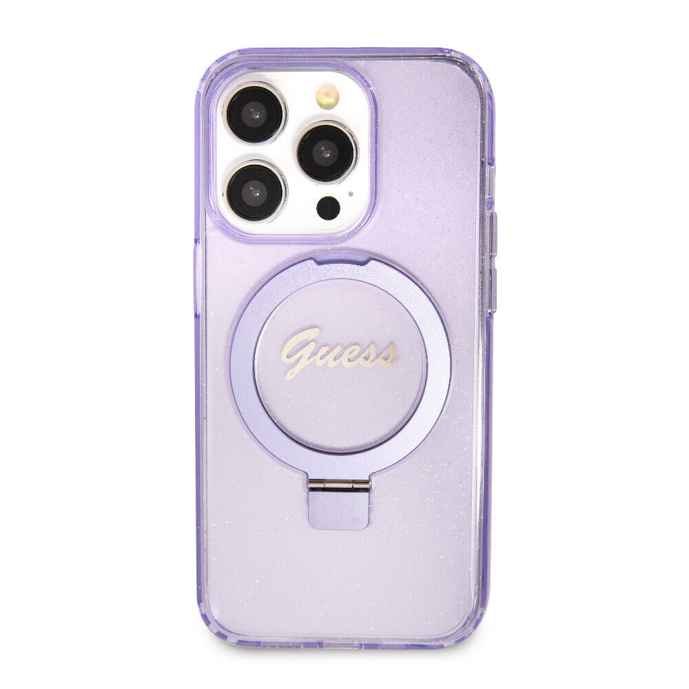 iPhone 15 Pro Kılıf Guess Orijinal Lisanslı M-safe Şarj Özellikli Simli Arka Yüzey Ring Standlı Kılıf