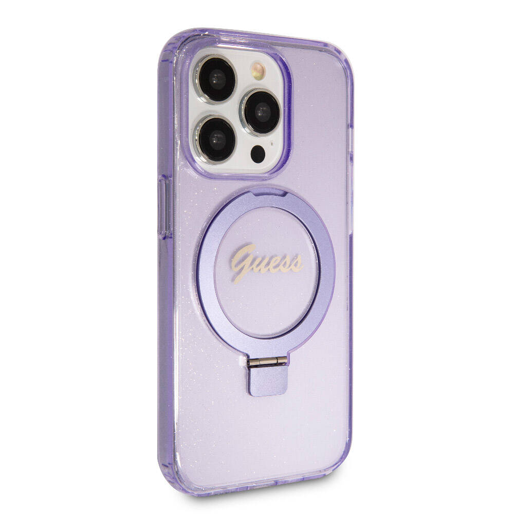iPhone 15 Pro Kılıf Guess Orijinal Lisanslı M-safe Şarj Özellikli Simli Arka Yüzey Ring Standlı Kılıf