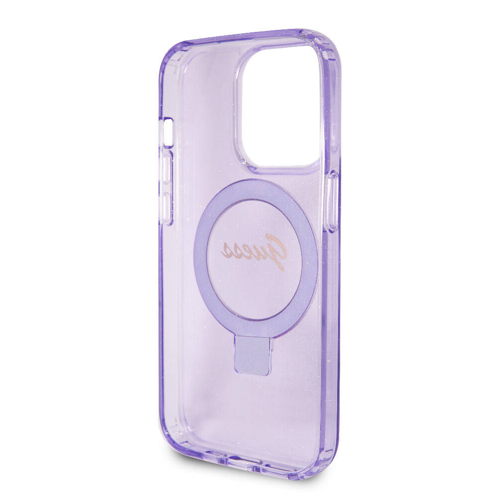 iPhone 15 Pro Kılıf Guess Orijinal Lisanslı M-safe Şarj Özellikli Simli Arka Yüzey Ring Standlı Kılıf