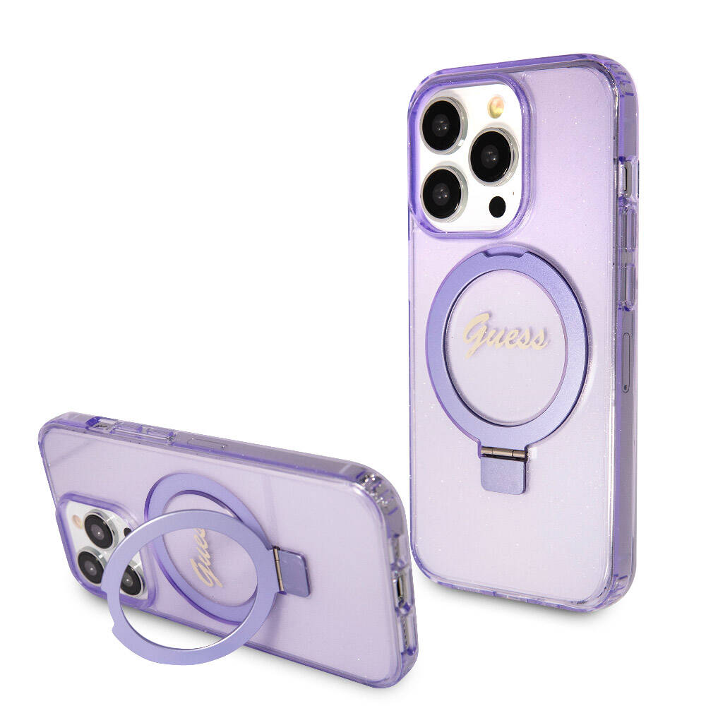 iPhone 15 Pro Kılıf Guess Orijinal Lisanslı M-safe Şarj Özellikli Simli Arka Yüzey Ring Standlı Kılıf