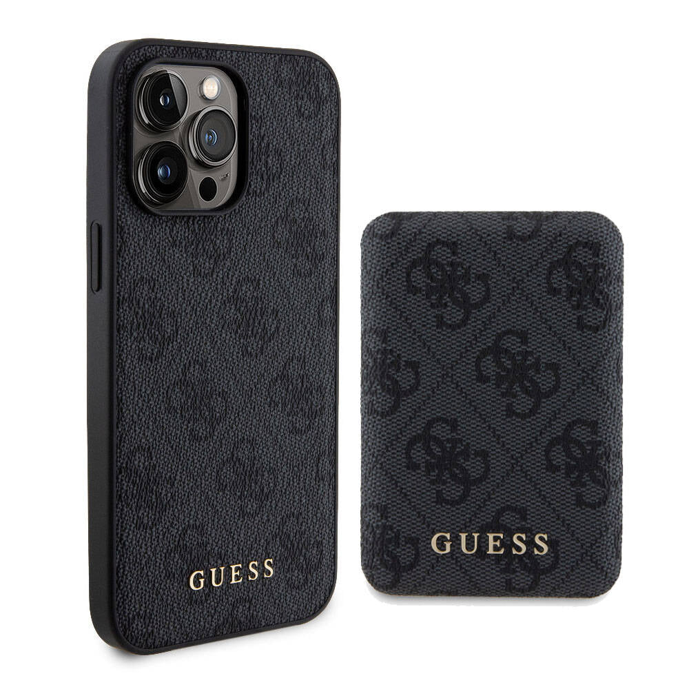 iPhone 15 Pro Kılıf Guess Orijinal Lisanslı M-safe Şarj Özellikli Yazı Logolu 4G Desenli Kılıf + Powerbank 5000mAh 2in1 Set