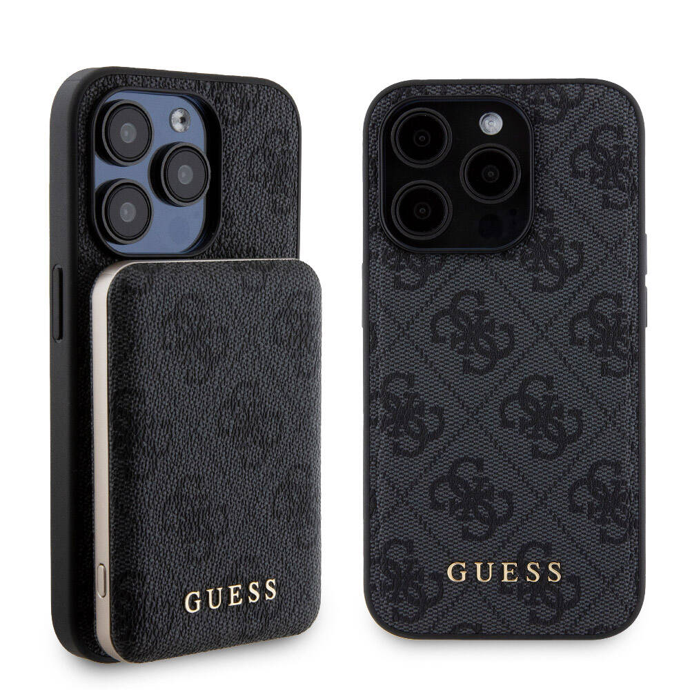 iPhone 15 Pro Kılıf Guess Orijinal Lisanslı M-safe Şarj Özellikli Yazı Logolu 4G Desenli Kılıf + Powerbank 5000mAh 2in1 Set