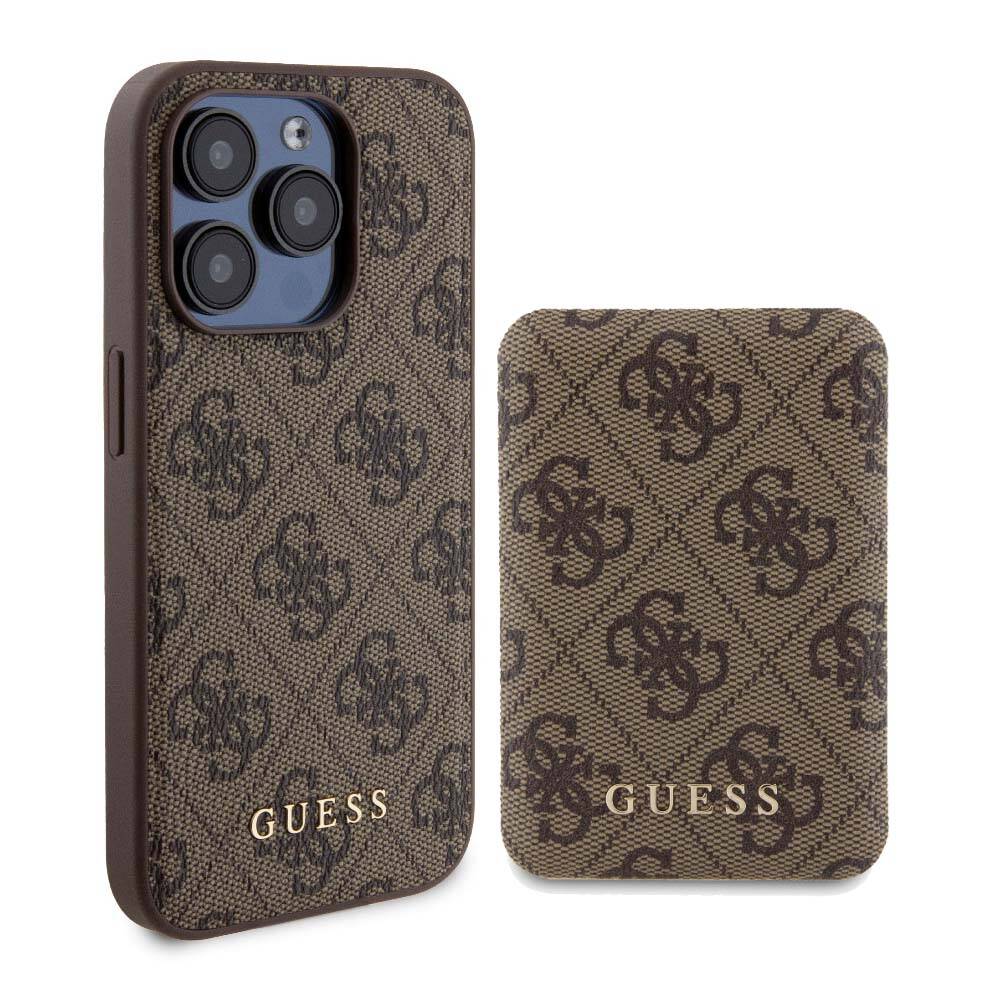 iPhone 15 Pro Kılıf Guess Orijinal Lisanslı M-safe Şarj Özellikli Yazı Logolu 4G Desenli Kılıf + Powerbank 5000mAh 2in1 Set