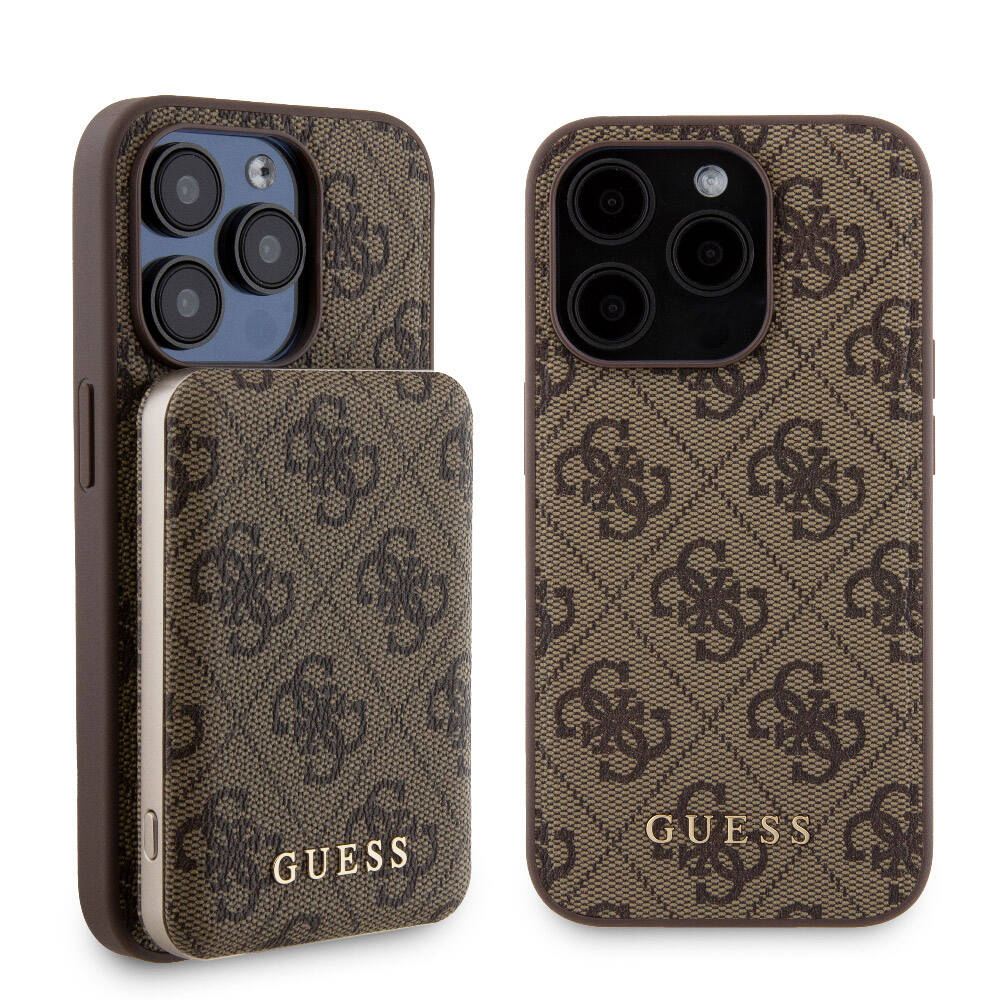 iPhone 15 Pro Kılıf Guess Orijinal Lisanslı M-safe Şarj Özellikli Yazı Logolu 4G Desenli Kılıf + Powerbank 5000mAh 2in1 Set