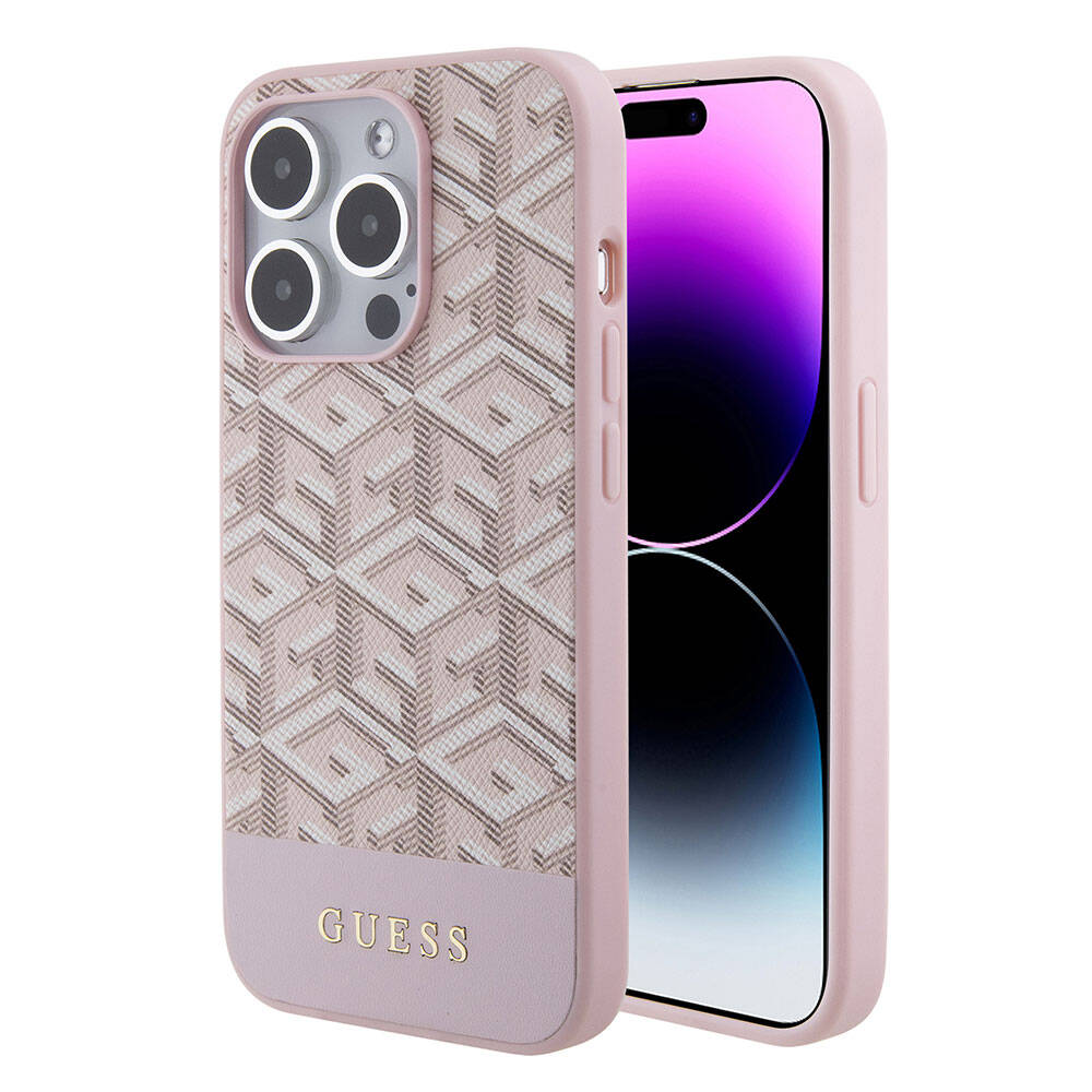 iPhone 15 Pro Kılıf Guess Orijinal Lisanslı M-safe Şarj Özellikli Yazı Logolu GCube Desenli Kılıf