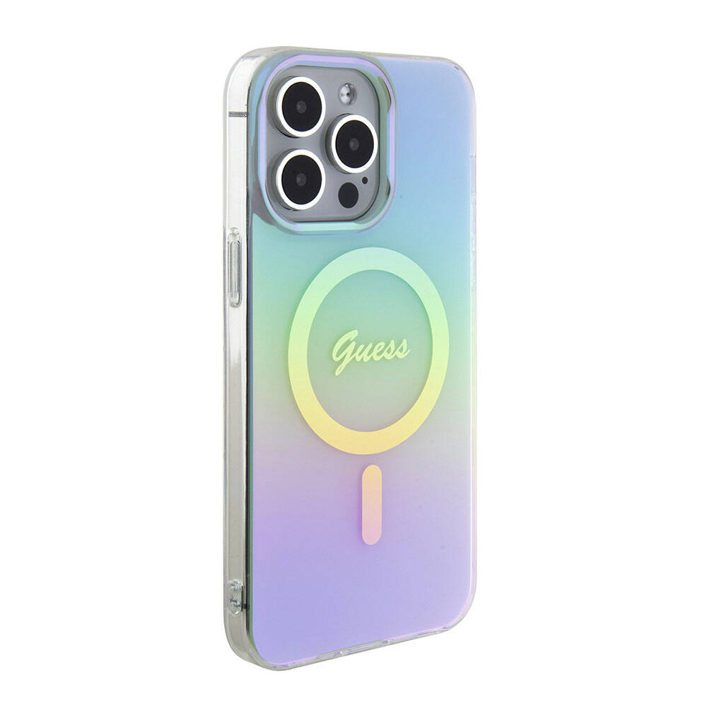 iPhone 15 Pro Kılıf Guess Orijinal Lisanslı M-safe Şarj Özellikli Yazı Logolu Iridescent Kılıf