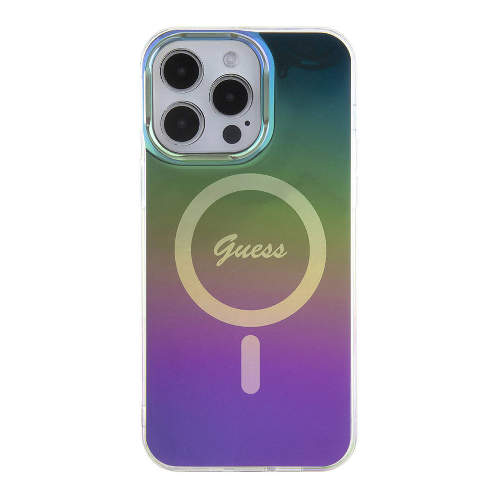 iPhone 15 Pro Kılıf Guess Orijinal Lisanslı M-safe Şarj Özellikli Yazı Logolu Iridescent Kılıf
