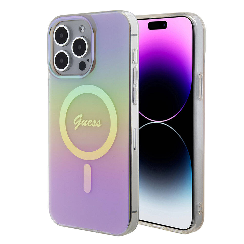 iPhone 15 Pro Kılıf Guess Orijinal Lisanslı M-safe Şarj Özellikli Yazı Logolu Iridescent Kılıf