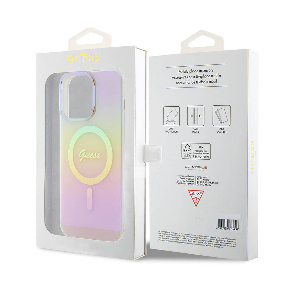 iPhone 15 Pro Kılıf Guess Orijinal Lisanslı M-safe Şarj Özellikli Yazı Logolu Iridescent Kılıf