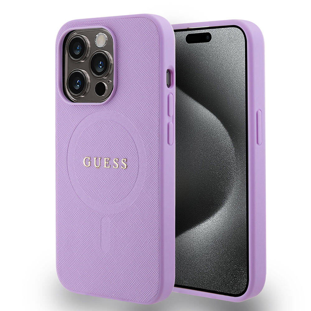 iPhone 15 Pro Kılıf Guess Orijinal Lisanslı M-safe Şarj Özellikli Yazı Logolu Saffiano Kılıf